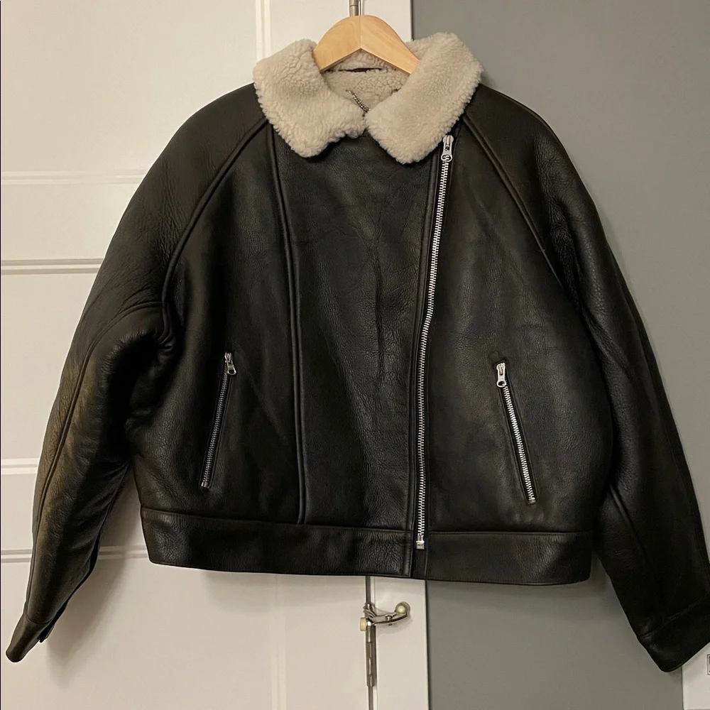 J. Crew Collection Black Leather Shearling Moto‎ Zip Up Jacket XL